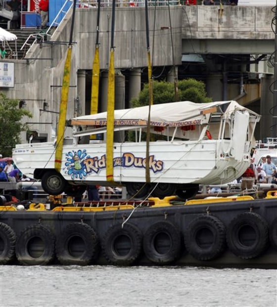 An amphibious craft is salvaged from the Delaware River in Philadelphia, Friday, July 9. An amphibious sightseeing boat that stalled in the Delaware River was knocked over by an oncoming barge Wednesday, spilling 37 people overboard and leaving two passengers unaccounted for after a frantic rescue effort. 